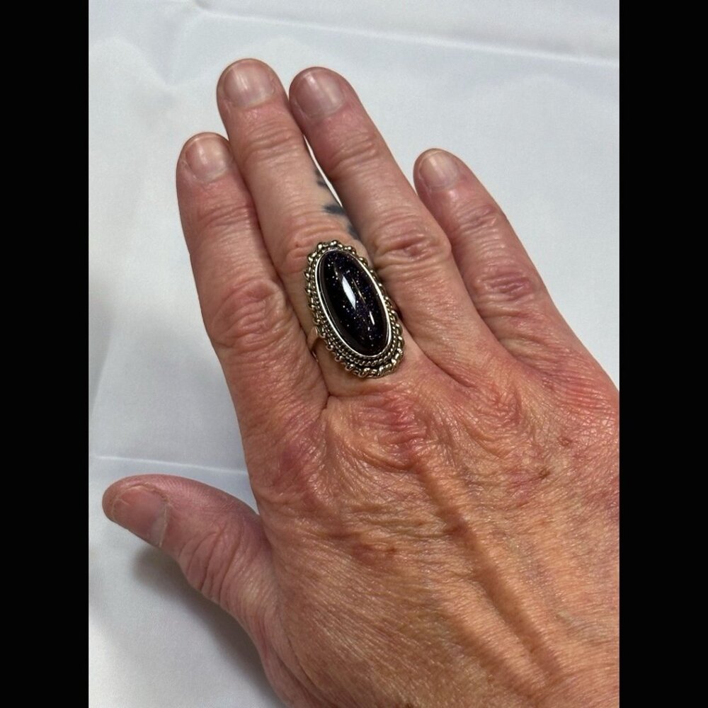 90s OOAK Oval Blue Goldstone Sterling Silver Ring Boho Grunge Good Luck 8 - Picture 5 of 7